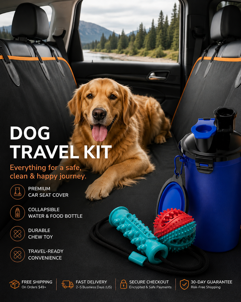Dog Travel Kit - 3-in-1 Premium Dog Car Seat Protector + Portable Travel Water & Food Bottle + Durable Dog Chew Toy
