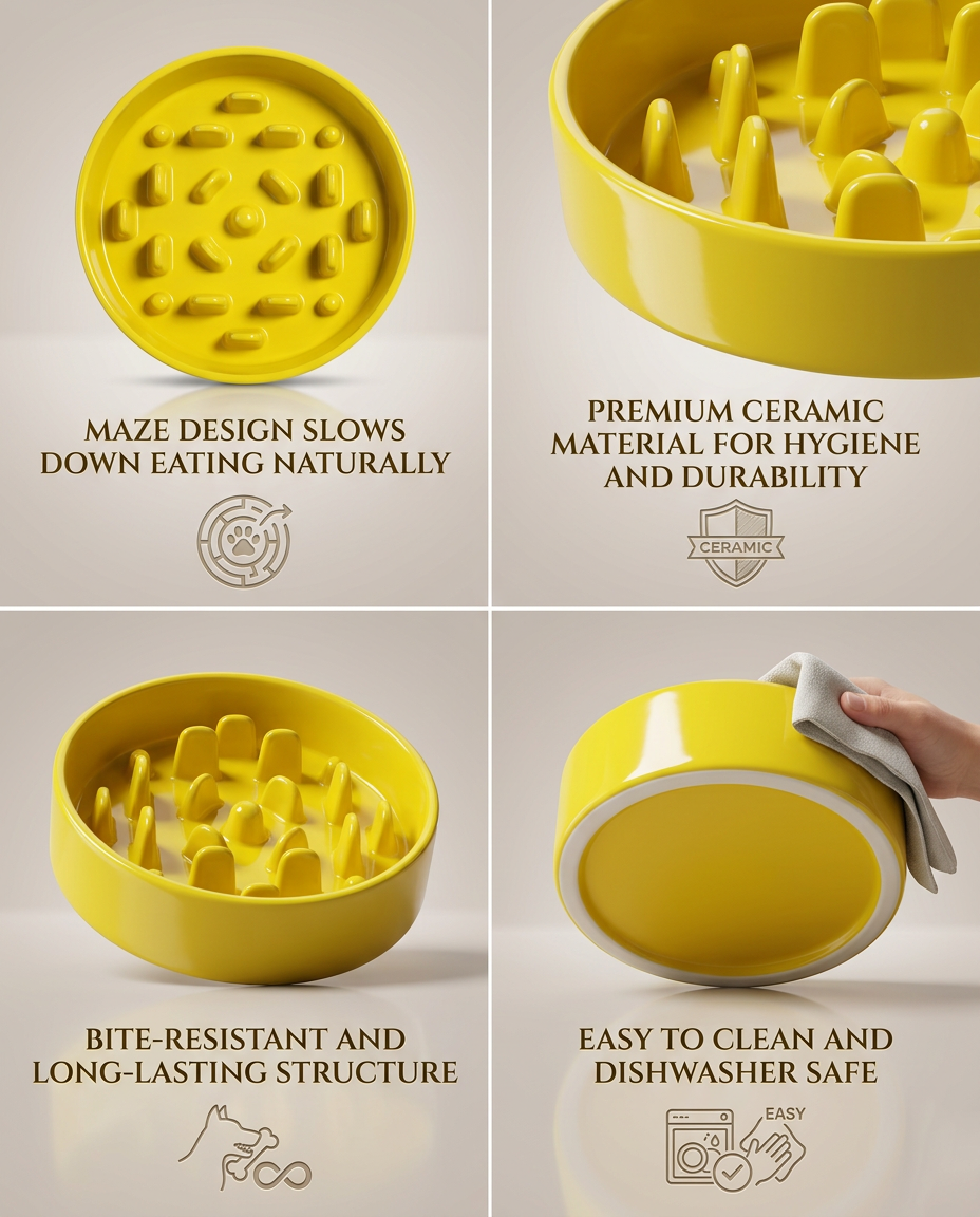 Ceramic Slow Feeder Dog Bowl - (Yellow)